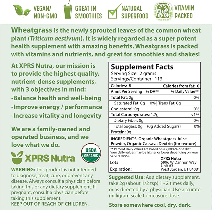 XPRS Nutra Organic Wheatgrass Juice Powder - Sustainably Grown - Instant Wheat Grass Juice Powder Made from Concentrated Juice - More Potent Than Organic Wheatgrass Powder - 8 Ounce
