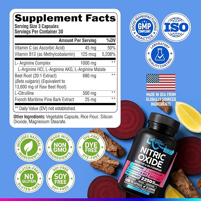 Nitric Oxide Supplement for Men & Women 2250 mg - Nitric Oxide Booster - Pine Bark | L-Arginine | L-Citrulline | Beet Root | Vitamin C & B12 - Muscles, Energy & Circulation - Made in USA, 90 Capsules
