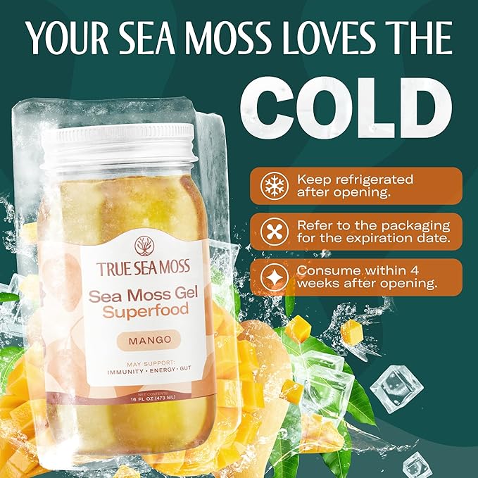 TrueSeaMoss Sea Moss Gel – Made in USA – Wildcrafted Seamoss, Fresh Fruits & Sea Vegetables – Mango, Pack of 3 (Labels may Vary)