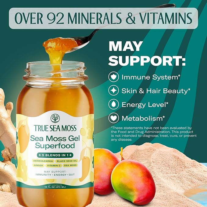 TrueSeaMoss Sea Moss Gel – Made in USA – 5-in-1 Formula – Wildcrafted Seamoss, Ashwagandha & Sea Vegetables – Ashwagandha, Pack of 1 (Labels May Vary)