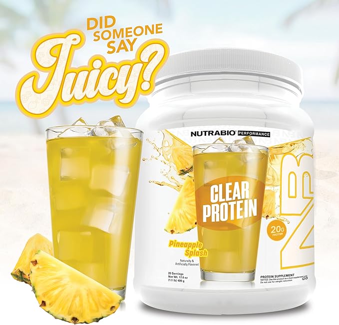 NutraBio Clear Protein Powder, Pineapple Splash - 20 Servings, 20g Clear Whey Protein Isolate, 0 Sugar, 0g Lactose, Refreshing Fruit Flavors, GLP1 Support - Bone Health - Muscle Post Workout Recovery