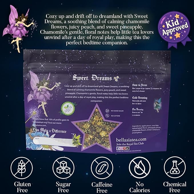 Bellasia Tea Sweet Dreams Cozy Kids Sleepy Time Tea – Relaxing Chamomile Herbal Blend with Real Peach & Pineapple Pieces | Soothing, Caffeine-Free Herbal Tea for Children – Promotes Calm Bedtime Routine | 20-25 Cups