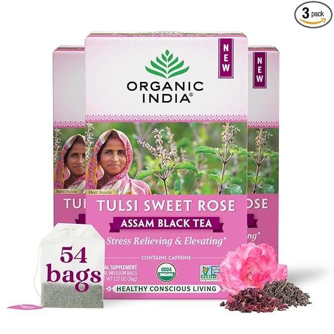Organic India Tulsi Sweet Rose Assam Black Tea - Stress Relieving & Elevating, 17mg of Caffeine Per Cup, With Ayurvedic Herbs, Vegan, USDA Organic, Non-GMO - 18 Rose Tea Bags (Pack of 3)