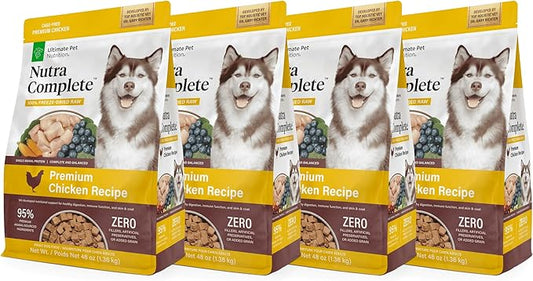 ULTIMATE PET NUTRITION Nutra Complete, 100% Freeze Dried Raw Veterinarian Formulated Dog Food with Antioxidants Prebiotics and Amino Acids (3 Pound (Pack of 4), Chicken)