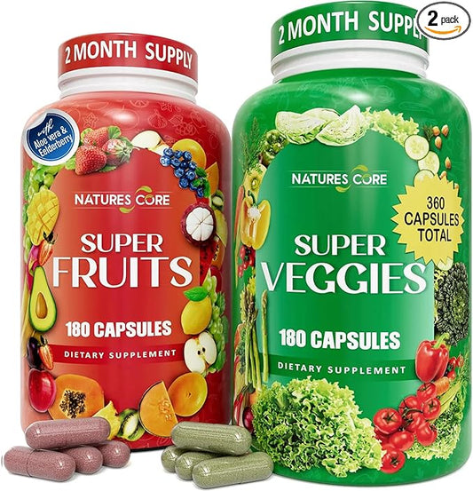 Nature's Core Fruit and Veggie Supplement - 360 Capsules -100% Whole Super Fruit and Super Vegetable Supplements & Vitamin, Made in USA, Soy Free, Vegan- (180 Count Pack of 2)