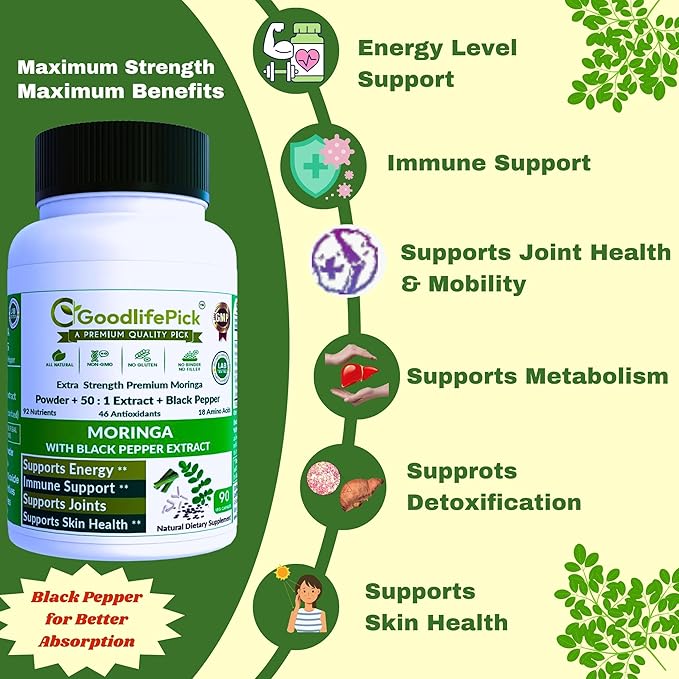 Premium Moringa Capsules. with Black Pepper from Handpicked Moringa Leaves with 50:1 Extract & Moringa Powder for Overall Wellness 90ct AllNatural NonGMO Lab-Tested No Rice Powder No Filler Vegan