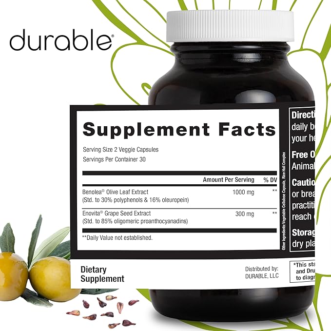 Durable Blood Pressure – Benolea Olive Leaf & Enovita Grape Seed Extract – Healthy Circulation, Nitric Oxide & Artery Support – Doctor Formulated, Vegan, Non-GMO, Made in USA (60 Capsules)