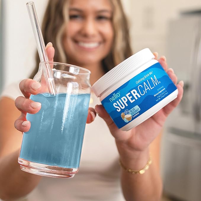 Supercalm Powdered Drink Mix, Blue Coconut, L Theanine, Ksm-66 Ashwagandha, Magnesium Glycinate, Vitamin D 3, Supplements for Relaxation & Focus, No Sugar, Non GMO, On The Go, 30 Srvgs