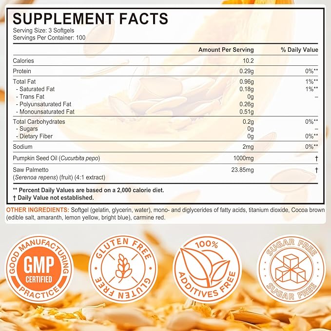 Pumpkin Seed Oil Capsules 1000mg with Saw Palmetto - 300 Softgels for Hair & Urinary Support - 2-in-1 Formula, Rich in Zinc & Omega Fatty Acids - Easy-to-Swallow, Vegan