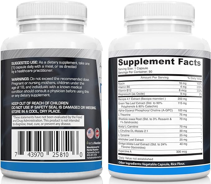 NeuroShield, Brain Supplement a Nootropic Brain Booster and Memory Supplement, Contains Huperzine A, Ginko Biloba, Bacopa Plus Antioxidants for Brain Health, Multi-Ingredients, 1 Bottle, 90 Capsules
