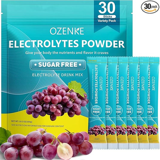 Electrolytes Powder Packets, 30 Sticks Hydration Packets Sugar Free, Electrolyte Drink Mix Portable Electrolyte Packets for Rapid Hydration, 0 Sugar & 0 Calorie, Grape Flavor