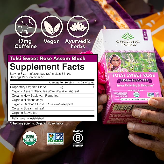 Organic India Tulsi Sweet Rose Assam Black Tea - Stress Relieving & Elevating, 17mg of Caffeine Per Cup, With Ayurvedic Herbs, Vegan, USDA Organic, Non-GMO - 18 Rose Tea Bags (Pack of 3)