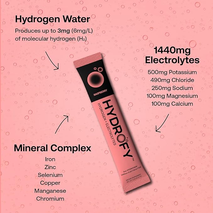 Hydrogen Water + Electrolytes Drink Mix | H2 Hydration Packets with Molecular Hydrogen, Sodium, Potassium, Magnesium, Calcium, and Minerals | No Sugar | Raspberry 25 Ct