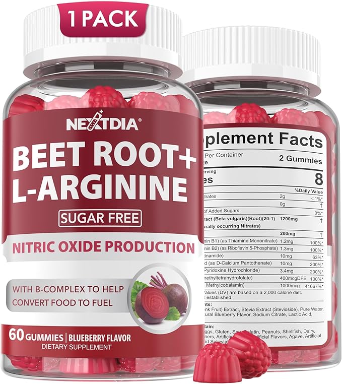 Beet Root Gummies & L-Arginine, Nitric Oxide Supplements for Men & Women w/Organic Beets, B1, B2, B3, B5, B6, Folate, B12 for Energy Boost & Circulation Support, Sugar Free, 60 Cts