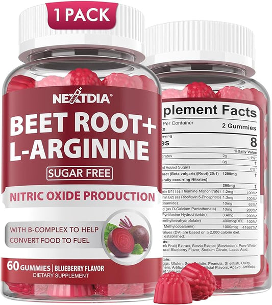Beet Root Gummies & L-Arginine, Nitric Oxide Supplements for Men & Women w/Organic Beets, B1, B2, B3, B5, B6, Folate, B12 for Energy Boost & Circulation Support, Sugar Free, 60 Cts
