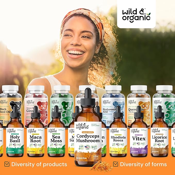Wild & Organic Cordyceps Tincture - Cordyceps Sinensis Mushroom Extract for Immune & Energy Support - Liquid Mushroom Supplement - Vegan, Sugar & Alcohol-Free Drops - 4 fl oz