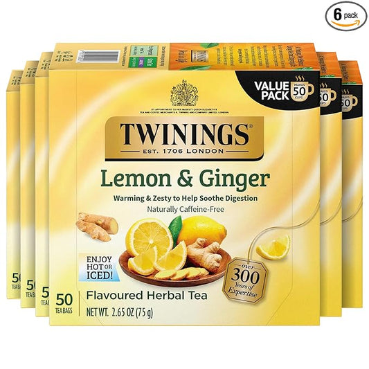 Twinings Lemon & Ginger Herbal Tea Individually Wrapped Bags, 50 Count (Pack of 6), Tangy Lemon & Spicy Ginger, Naturally Caffeine-Free, Enjoy Hot or Iced, 300 Teabags