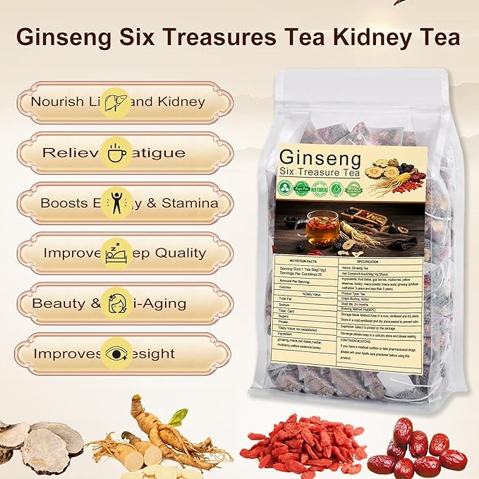 Ginseng Six Treasure Tea, Natural Traditional Chinese Tea 7 Ingredient Formula Ginseng Five Treasures with Wolfberry, Red Date Ginsengs and Mulberry Herbal Blend TeaBags for Women Men (40 Bags/1 Pack)