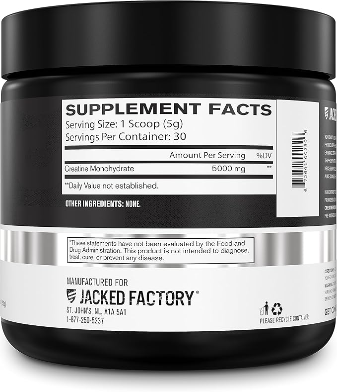 Jacked Factory Creatine Monohydrate Powder 150g - Creatine Supplement for Muscle Growth, Increased Strength, Enhanced Energy, & Improved Athletic Performance 30 Servings, Unflavored