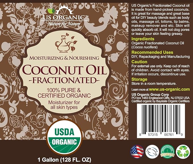 US Organic Fractionated Coconut Oil Bulk Pack, USDA Certified Organic, Non-GMO, Perfect for massage, carrier oil for DIY blends, Hair, Skin care. 100% Pure, Hexane-Free (128 oz (1 Gallon))