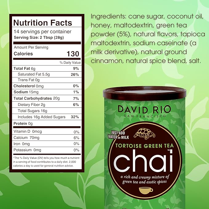Tortoise Green Tea Chai Tea Latte Mix, 14 Oz, Green Tea, Organic Spices, Dairy Free, Serve Hot or Cold, Just Add Water or Milk, 14 Servings