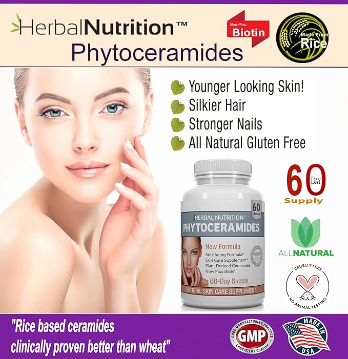 Phytoceramides Rice Based with Biotin Anti Aging Supplement, Wrinkle Remover and Facial Moisturizing with Phytoceramides Vitamin A, C, D and E, Two Bottle Pack, 120 Capsules 40mg, Gluten Free