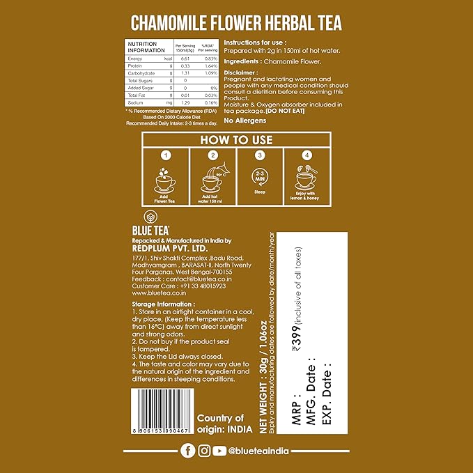 BLUE TEA - Chamomile Tea - 1.05 Oz (30+ Cups) Loose | SLEEP & RELAXATION | Herbal Tea - Caffeine Free - Flower Based - Non-Bitter - Night Time Tea | Reusable Pet Jar
