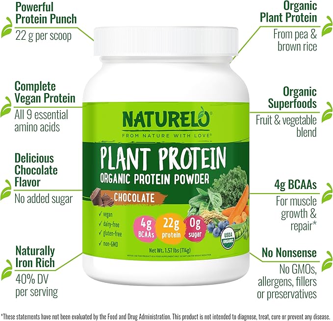 NATURELO Plant Protein Powder, Chocolate, 22g Protein - Non-GMO, Vegan, No Gluten, Dairy, or Soy - No Artificial Flavors, Synthetic Coloring, Preservatives, or Additives - 20 Servings