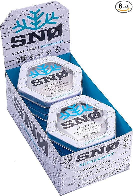 Peppermint KETO Xylitol Candy Chips (6-Pack) - SNØ 1.5oz Tin - Sugar-Free Candy With Only 2 Ingredients | Low Carbs, Diabetic-Friendly, Non-GMO, Vegan, GF & Kosher | Purest candy in the world
