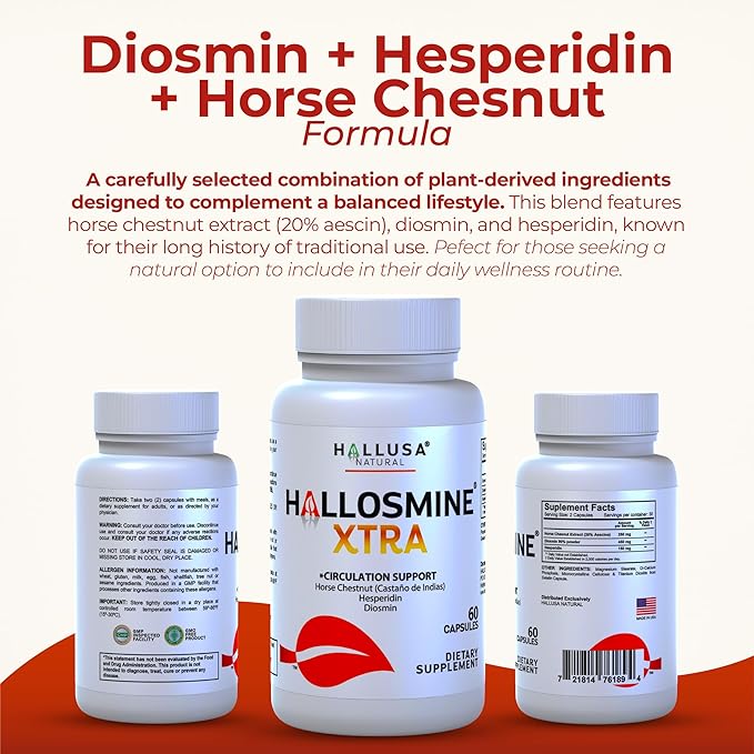 Hallosmine Diosmin Extra Circulation Support, Diosmin Hesperedin + Horse Chestnut Extract, Leg Circulation, Vein Support, Varicose Veins & Blood Circulation Supplement - 60 Caps, 30 Servings