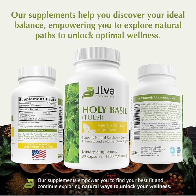 Jiva Botanicals Holy Basil Capsules - Premium Holy Basil Extract with Tulsi Powder - Ayurvedic Herb Alternative to Tincture -90 Vegan Capsules