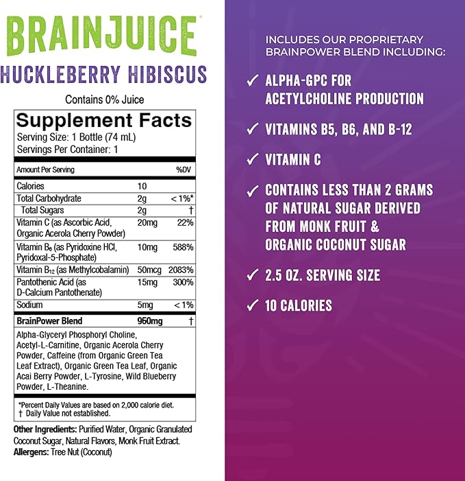 BrainJuice Brain and Immune Support Shot, Gluten Free Supplement Shots for Energy, Focus, Immunity with Vitamin D, C, B, Alpha GPC & Organic Ginger Root, Huckleberry Hibiscus, 2.5 fl oz, 12 Pack
