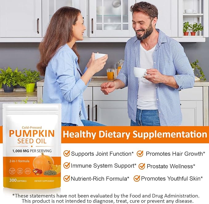 Pumpkin Seed Oil Capsules, 2-in-1 Formula with Saw Palmetto for Hair, 1000mg 300Softgels Rich in Fatty Acids | Supports Hair Heart