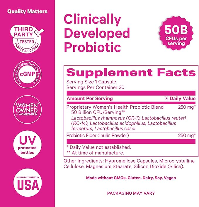 Pink Stork Women’s Probiotic Capsules – 50 Billion CFU Probiotics and Prebiotics – Supports Vaginal Flora, pH Balance, Gut Health, Mood + Digestive Wellness – Dairy-Free, Vegan, Non-GMO – 30 Count