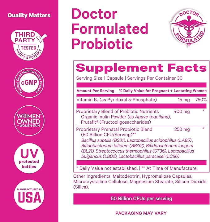 Pink Stork Prenatal Probiotics for Women - 50 Billion CFUs, Vitamin B6, Prebiotics, Morning Sickness, Gut Microbiome, Immune Support, Pregnancy Must Haves, Mint Essence - 30 Capsules