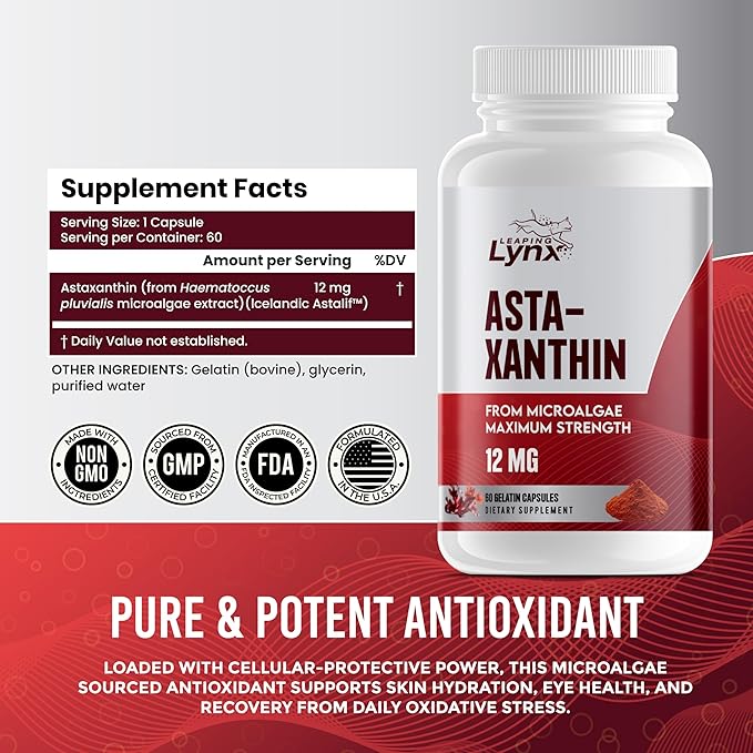 SUPER SUPPLEMENTS Astaxanthin 12mg, 60 Softgels, 2 Month Supply | Premium Astaxanthin Antioxidant | Fresh Microalgae Source | Supports Eye, Joint, Internal Circulation, Skin Health & Natural Tanning