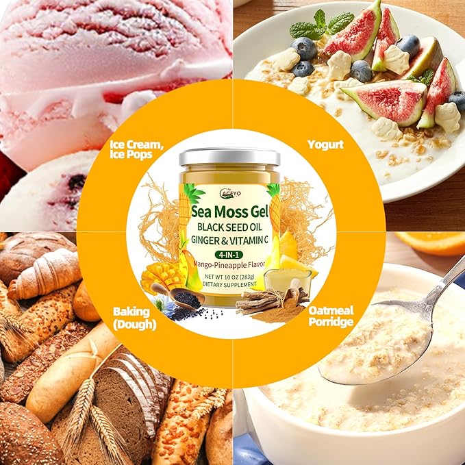 ACEYO Sea Moss Gel - Wildcrafted Irish Sea Moss with Black Seed Oil & Ginger,Rich in Minerals & Vitamins,Immunity & Health Support,Non-GMO, Vegan,Mango Pineapple Flavor,10 oz (Pack of 1)