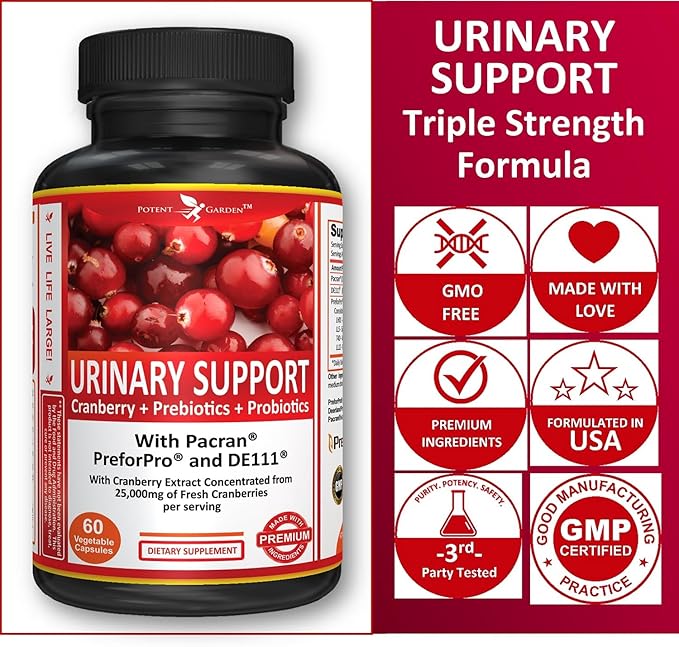 Potent Garden Urinary Support Womens Probiotic for Urinary Tract Health for Women, Cranberry Capsules with 5 Billion CFUs Cranberry Extract, Prebiotics and Probiotics for Women, 60 Caps, 30 Servings