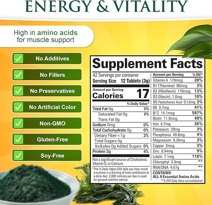 Sunlit Best Chlorella Spirulina Tablets - Organic USDA, Premium Spirulina and Chlorella Tablets 1000 Count - Sun Chlorella Pure Natural Superfood with Algae, Enzymes Chlorophyll & Vegan Protein