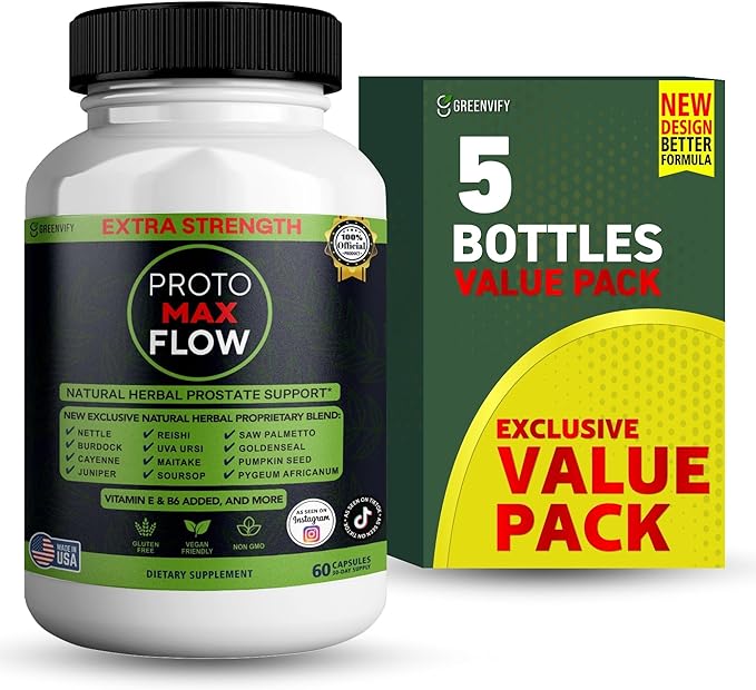 Proto Max Flow Extra Strength Prostate Support, Natural Herbal Supplement with Saw Palmetto, 60 Capsules (5)