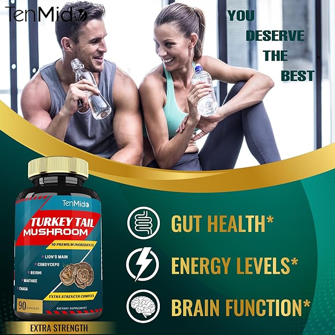 Turkey Tail Mushroom Supplement Extract with Lions Mane, Cordyceps, Reishi and More, 10 Herbs in 1 | Improves Digestive Function, Supports Immune System, 3 Months Supply