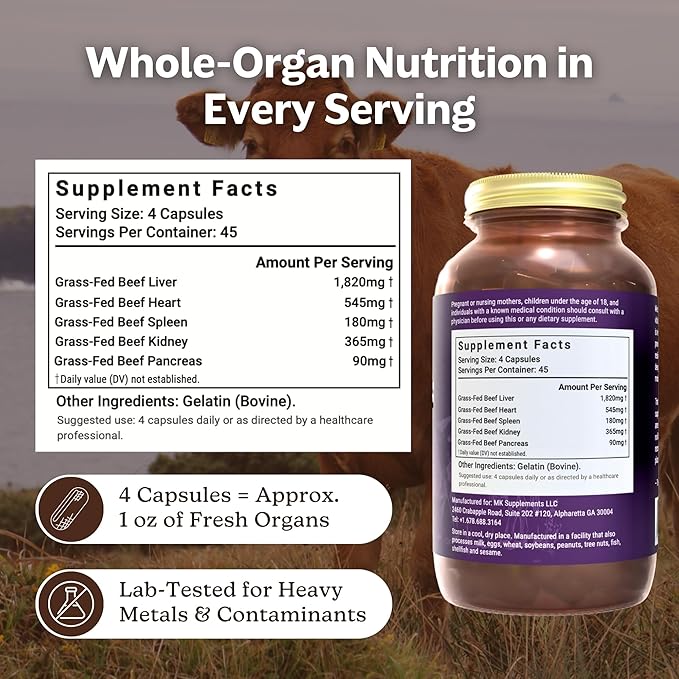 MK Supplements – Grass-Fed Beef Organs 3000 mg, 180 Beef Organs Capsules, Multivitamin, 100% Pasture-Raised in New Zealand, 45-Day Supply, Liver, Heart, Kidney, Spleen, Pancreas