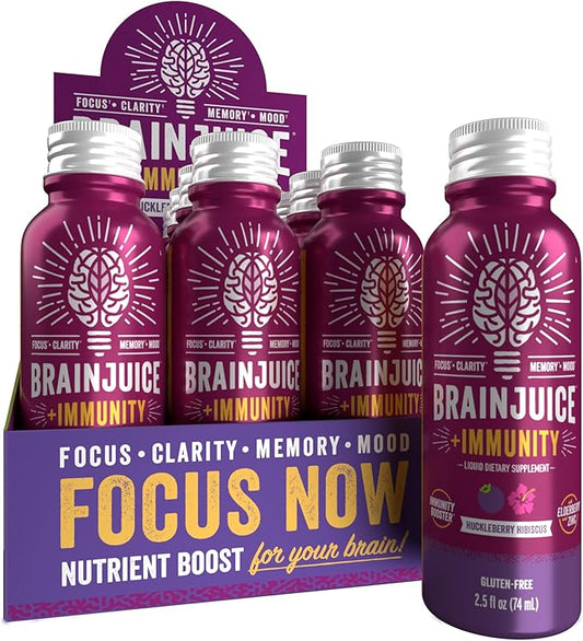 BrainJuice Brain and Immune Support Shot, Gluten Free Supplement Shots for Energy, Focus, Immunity with Vitamin D, C, B, Alpha GPC & Organic Ginger Root, Huckleberry Hibiscus, 2.5 fl oz, 12 Pack