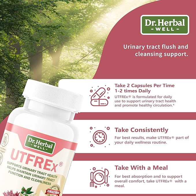 UTFREX Clinically Proven Urinary Tract UTI Health Supplement Natural Support Cleanse Flush Protect (No Probiotics & D-Mannose) – 60 Capsules