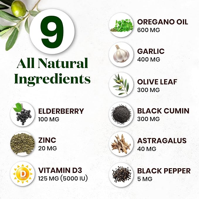 Oregano Oil, Garlic Extract, Olive Leaf, Black Seed Oil, Astragalus-Immune Support & Digestive Health Supplement for Women and Men- 120 Count