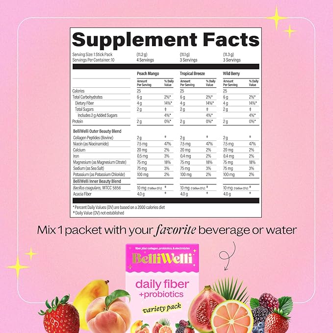 Fiber Supplement, Probiotics Fiber Powder Travel Pack for Women with Collagen & Electrolytes for Daily Gut Health & Debloating, Variety Pack, 10 Packets