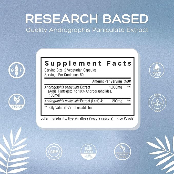 Premium Andrographis Paniculata Extract 1,200mg (100mg Andrographolides), 120 Capsules, Non-GMO, Vegan, Gluten Free