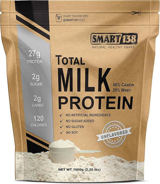 Total Milk Protein - 80% Casein 20% Whey - RBST/rBGH Hormone Free, Gluten-Free, Soy-Free, Non-GMO, USA, Keto Low Carb, Natural BCAAs (1000g / 2.2lbs, Unflavored)