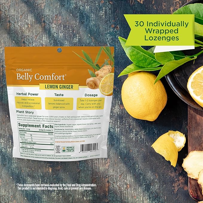 Traditional Medicinals, Organic Belly Comfort Lozenges Lemon Ginger, Relieves Nausea, 30 Individually Wrapped Lozenges