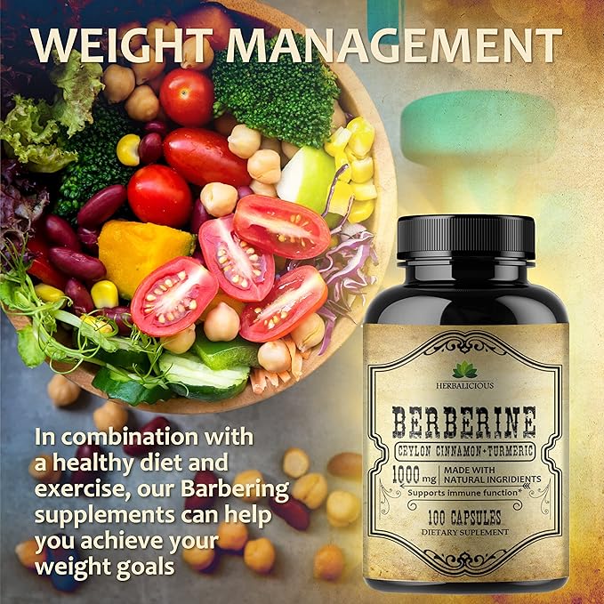Berberine Capsules Ceylon Cinnamon & Turmeric - Berberine HCL Dietary Supplement for Men and Women – Non GMO Berberine 1000mg – Ideal for Immune Support, Heart, Cholesterol Level